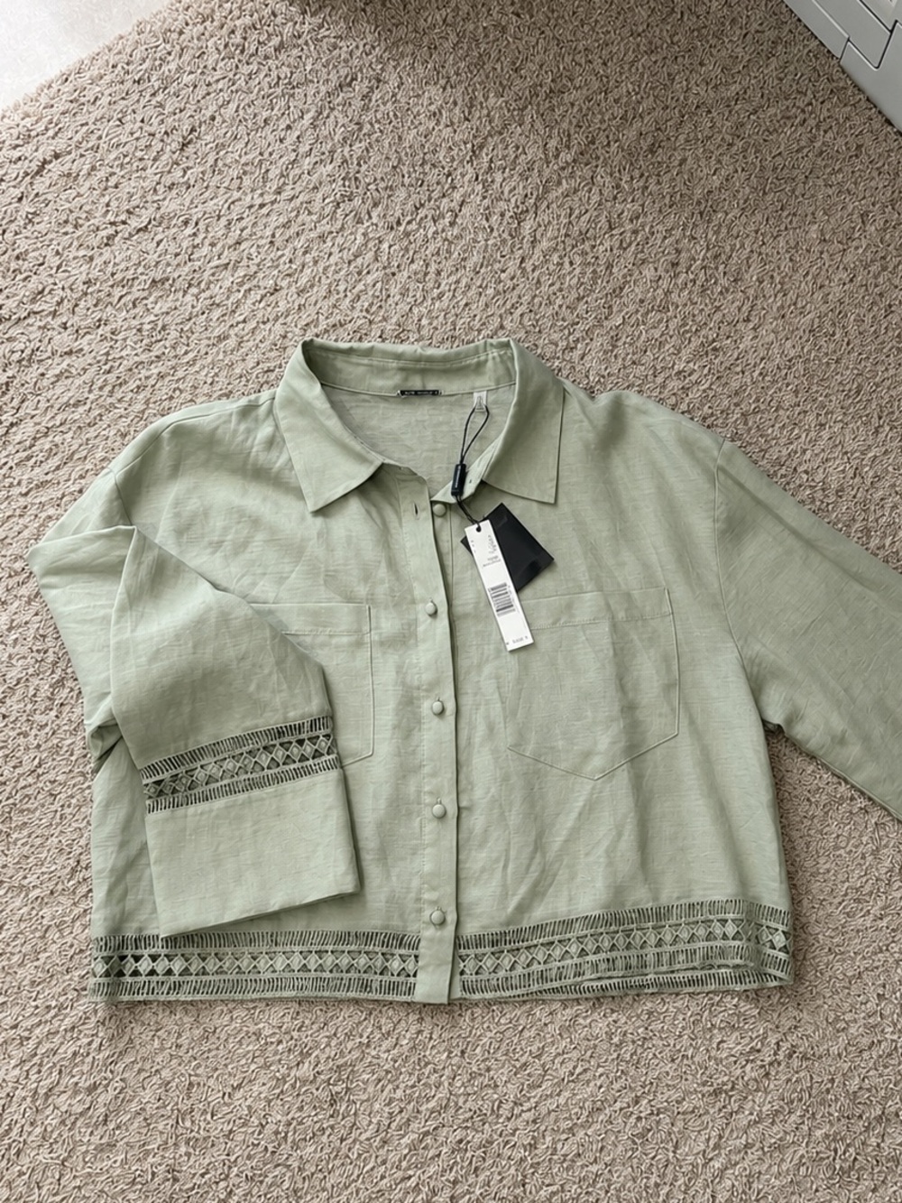 Elie Tahari Sage Green Embroidered Linen-Blend Crop Jacket